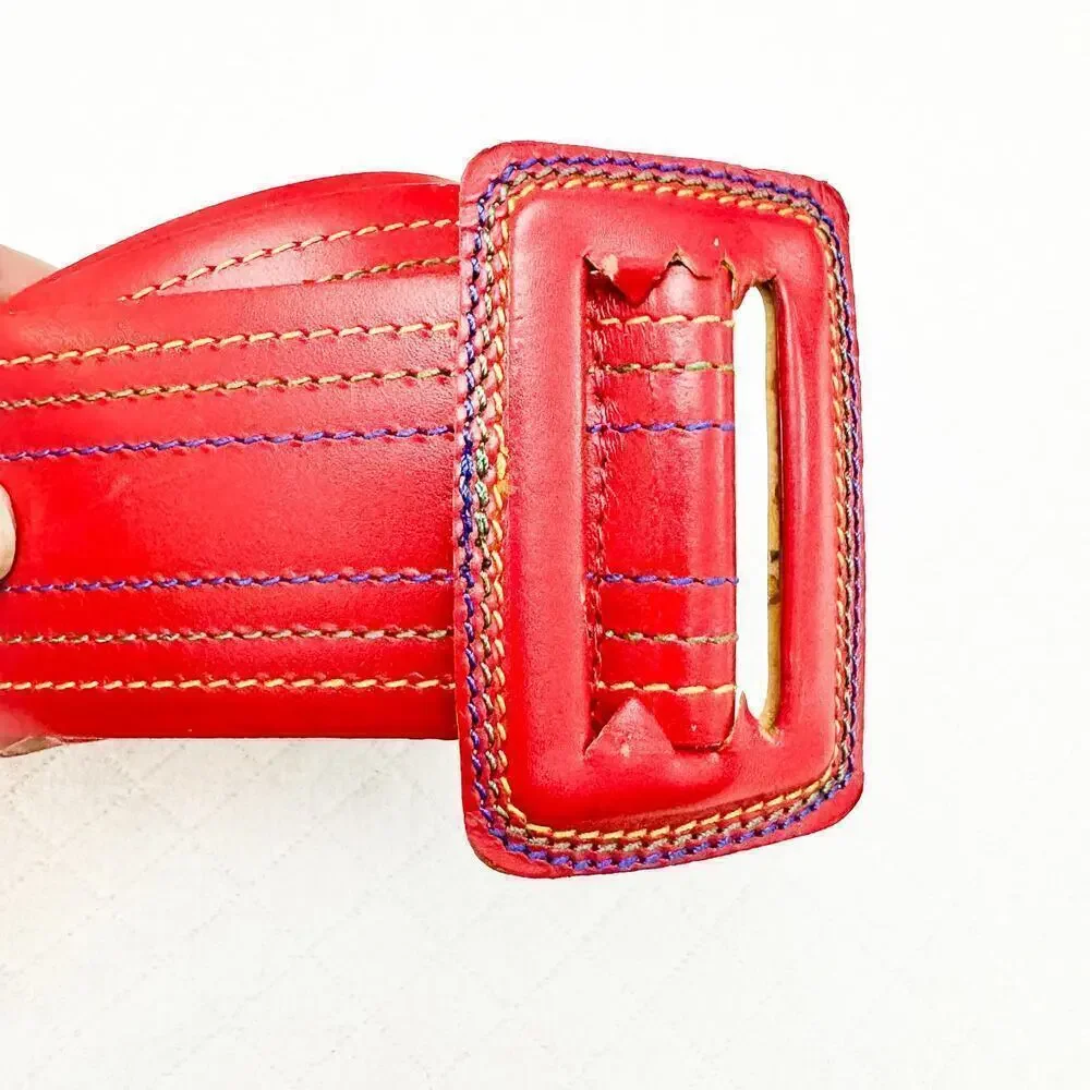 Guy Laroche France Vintage Red Leather Belt Colorful Stitching Size 28